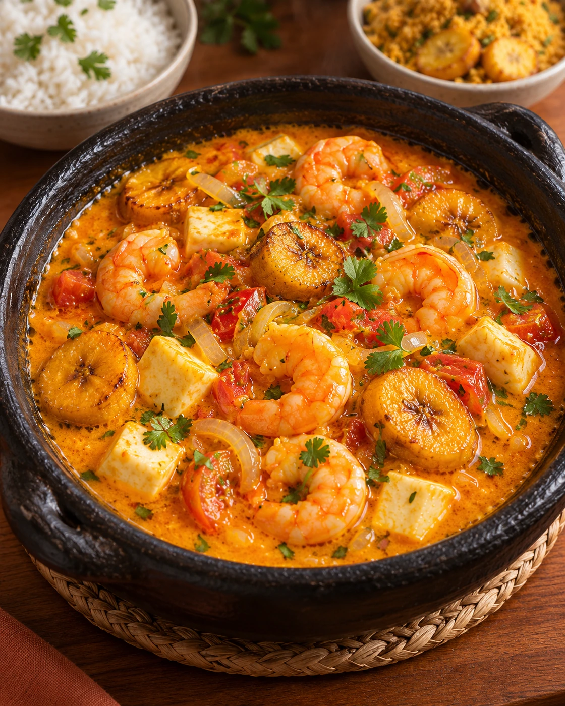 Moqueca Sertaneja — representação ilustrativa gerada por IA, baseada nos ingredientes do cardápio