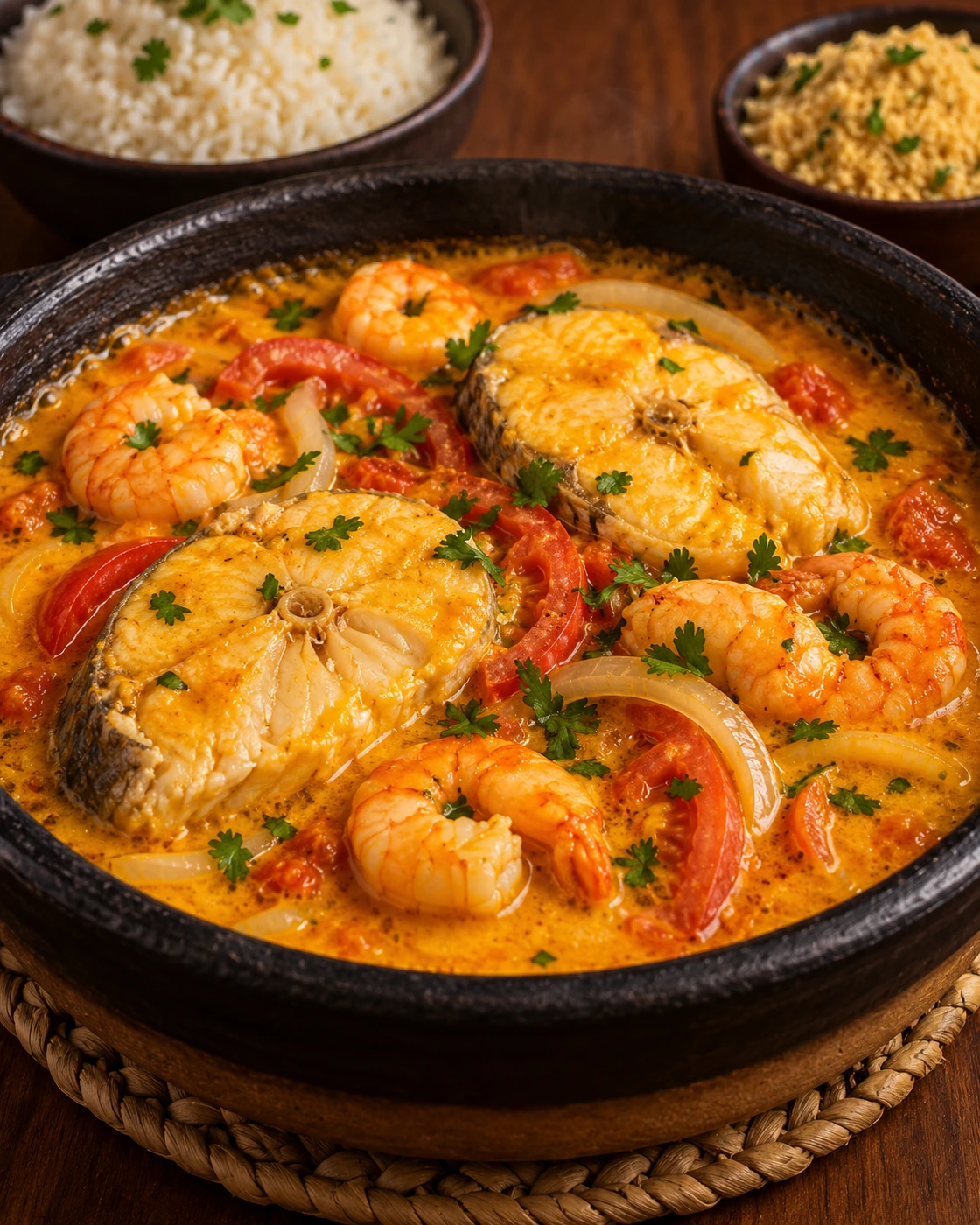 Pescada Amarela Mista com Camarão — representação ilustrativa gerada por IA, baseada nos ingredientes do cardápio