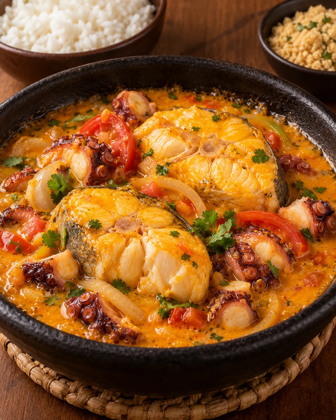 Pescada Amarela Mista com Polvo — representação ilustrativa gerada por IA, baseada nos ingredientes do cardápio